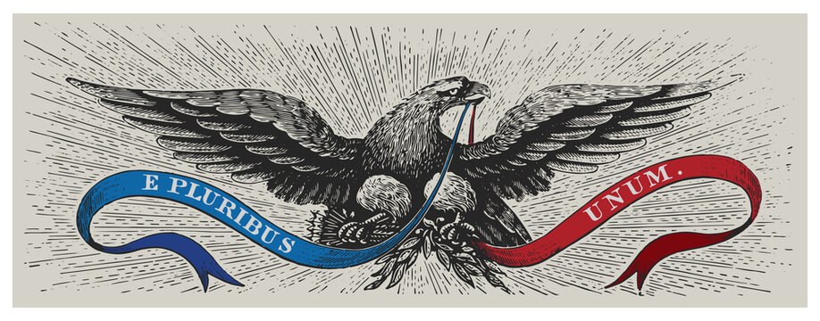 American eagle, symbol of America, symbolizes the strength and freedom of America. E pluribus unum – Latin for 