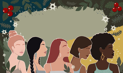 Wall Mural - Women of different races together on an abstract winter background with Christmas elements. modern vector flat illustrations. isolated in layers. movement for the empowerment of women.