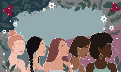 Wall Mural - Women of different races together on an abstract winter background with Christmas elements. modern  flat illustrations. movement for the empowerment of women.  International Women's Day.