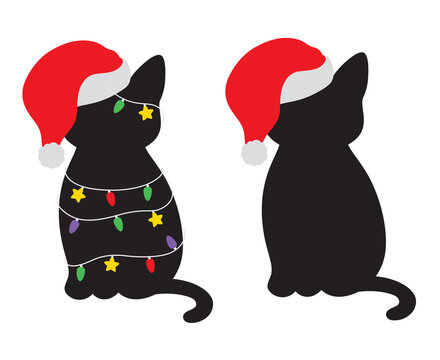 Fototapete - Black cat silhouette with a Santa hat and colorful Christmas light vector illustration.