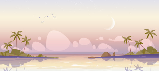 Wall Mural - Tropical island at early morning, calm sea and palm trees under pink cloudy sky with waxing crescent, ocean water surface and birds in dawn heaven. Beautiful nature landscape Cartoon vector background