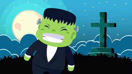 Sticker - cute child disguised as frankenstein in graveyard