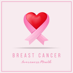 Wall Mural - realistic bow ribbon-wrapped heart, breast cancer awareness month banner background vector illustration