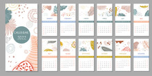 2022 Trendy Calendar Design. Set Of 12 Months. Week Starts On Sunday.Editable Calender Page Template Format.Abstract Artistic Vector Illustration.Cute Printable Template With Geometric Elements
