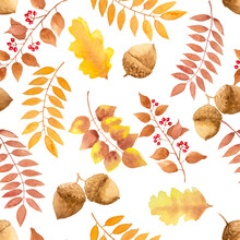 Yellow, Brown Autumn Leaves, Berry Fruit Seamless Repeated Pattern On White Color