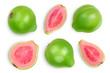Guava fruit with slices isolated on white background with clipping path and full depth of field. Top view. Flat lay. Set or collection