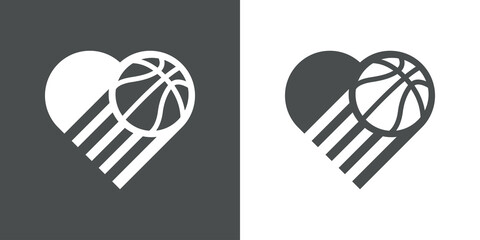 I love basketball. Logotipo corazón con silueta de balón de baloncesto con lineas de movimiento en fondo gris y fondo blanco