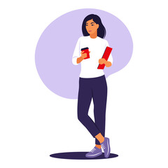 Wall Mural - Woman standing with cup coffee and laptop. Office worker or remote job concept. Vector illustration. Flat.