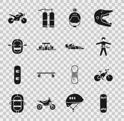 Wall Mural - Set Skateboard trick, Bicycle, Bungee jumping, Helmet and action camera, Formula 1 racing car, Rafting boat, Motorcycle and icon. Vector