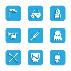 Sticker - Set Medieval sword, Shield, flag, Executioner mask, Crossed medieval spears, Trumpet with, throne and icon. Vector