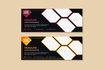 Poster - Templates of black vector horizontal web banners with mosaic rectangle shape a place for a photo. Minimalist design. Orange and red gradient on elements and black background.