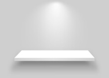 White Shelf Mockup. Realistic Bookshelf With Spotlight. Empty Shelf Template On White Backdrop. Clean Store Shelves.