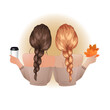 Girl best friend with warm coffee and autumn foliage. Cartoon style vector design