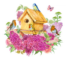 Birdhouse Lilac Flowers And Birds Watercolor Illustration On An Isolated White Background