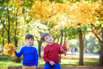 Wall Mural - happy friends, schoolchildren having fun in autumn park among fallen leaves