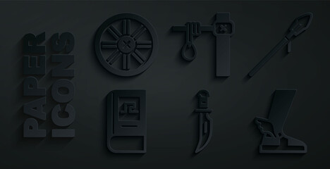 Poster - Set Dagger, Medieval spear, Greek history book, Hermes sandal, Gallows and Old wooden wheel icon. Vector