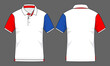 © Sansom - Sport white-blue-red short sleeve polo shirt design on gray background. Front and back views, vector file.
