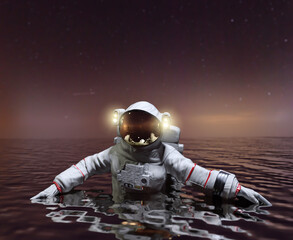 Wall Mural - astronaut on the sea of an unknown planet millions of light years away from the earth