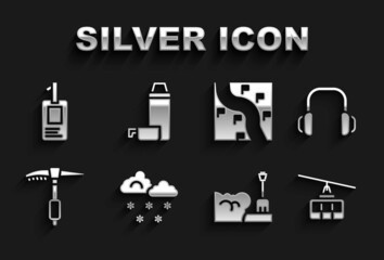 Poster - Set Cloud with snow, Winter headphones, Cable car, Shovel snowdrift, Ice axe, Route location, Identification badge and Thermos container icon. Vector