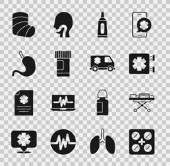 Sticker - Set Pills in blister pack, Stretcher, Medical symbol of the Emergency, Ointment cream tube medicine, Medicine bottle and pills, Human stomach, Gypsum and car icon. Vector