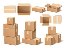 Realistic Cardboard Boxes. Paper Parcels, Post Delivery Opened And Closed, Different Angles Containers, Top And Side View Objects, Single And Objects Groups Stacks, Vector Isolated Set
