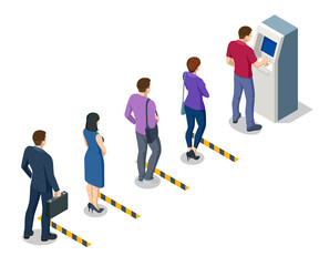 Isometric man waiting for the credit card inserting from ATM Machine. ATM service machine of a bank. Automated teller machine