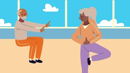 Poster - afro old couple practicing exercise animation