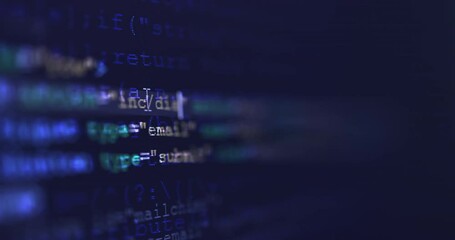 Poster - 4K Close up shot HTML tag code on PC Monitor scroll down on blue screen. Background concept for programming and coding web development.