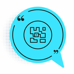 Poster - Black line QR code sample for smartphone scanning icon isolated on white background. Blue speech bubble symbol. Vector