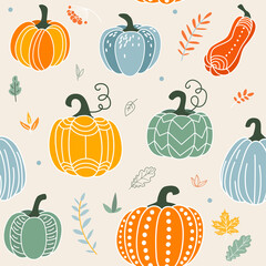 Pumpkin seamless pattern vector illustration. Gourds in flat simple modern doodle style with floral elements. For thanksgiving, halloween, autumn harvest design