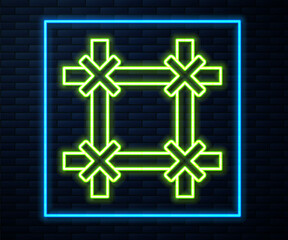 Canvas Print - Glowing neon line Prison window icon isolated on brick wall background. Vector