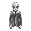 © Oleksandr Pokusai - Alien businessman sketch engraving vector illustration. T-shirt apparel print design. Scratch board imitation. Black and white hand drawn image.