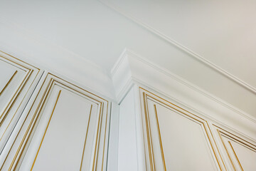 Wall Mural - corner of ceiling and walls with intricate crown moulding. Interior construction and renovation concept.