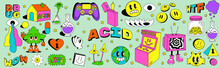 Large Pack Of Acidic Abstract Characters And Objects. In A Cartoon Style, A Set Of Bright Psychedelics, All Elements Are Isolated