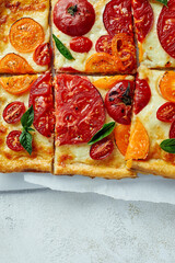 Wall Mural - Delicious homemade square pizza with vegetables on white