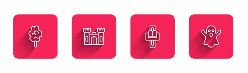 Sticker - Set line Cotton candy, Castle, Attraction carousel and Ghost with long shadow. Red square button. Vector