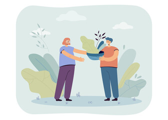 Poster - female cartoon character giving potted plant to male friend. man holding pot with leaves flat vector