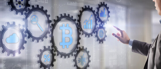 Wall Mural - Hand clicks on virtual display with bitcoin cryptocurrency image. Gear mechanisms