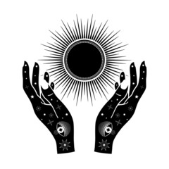 Wall Mural - Hand drawn Sun with woman hands, eye and stars in line art. Spiritual symbol celestial space. Magic talisman, antique style, boho, tattoo, logo. Vector illustration isolated on white background