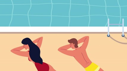 Canvas Print - couple relaxing tanning on the pool animation