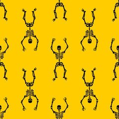 Wall Mural - Seamless pattern with black skeletons, dancing and having fun on a yellow background.