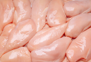 Raw chicken fillet background.Raw chicken fillet . Lots of fresh skinless chicken fillets.