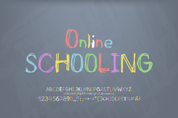 Multicolor chalk alphabet letters, numbers, symbols. Hand-drawn font on grunge blackboard gray color. Original banner for website online schooling