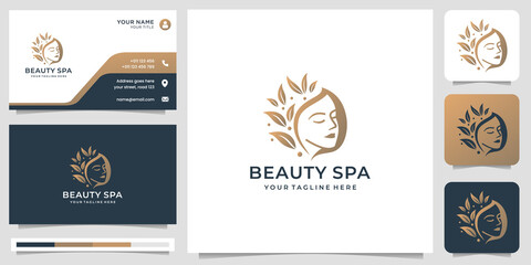 Wall Mural - beauty spa logo. woman face inspiration.feminine salon logo,beautiful face with leaf stylized and business card.