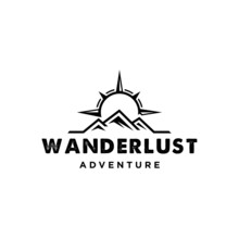 wanderlust Adventure logo. mountain with compass sun outdoor brand design icon logo illustration badge