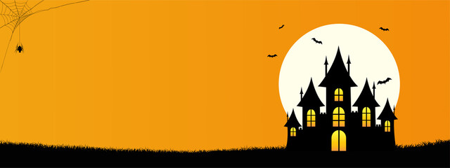 Wall Mural - Happy Halloween template banner background with copyspace, Minimalist Design with the Castle, bat, web spider and full moon on Orange color Background