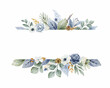 A watercolor vector Christmas banner with dusty blue flowers and branches.