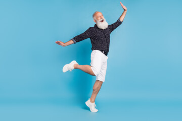 Wall Mural - Full size photo of dreamy joyful happy positive man enjoy amazed hands isolated on blue color background