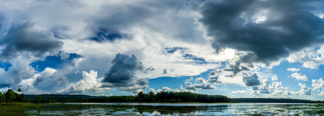 Wall Mural - panorama landscape, beautiful sunset sky on the river, sky clouds background over river