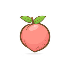 Poster - peach fruit with big green leaves isolated on a white background. design elements, logo templates, vegetarian menu decoration. Flat style illustration